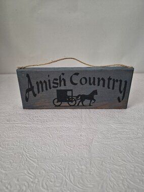 Handcrafted Wooden Amish Country Hanging Sign 9" Slate Gray Horse & Buggy Twine